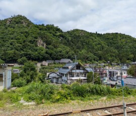 Vue depuis le quai de la gare - on peut voir un peu les temples en face, au milieu de la forêt